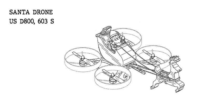 Disegno brevettuale e design di un drone che raffigura babbo Natale