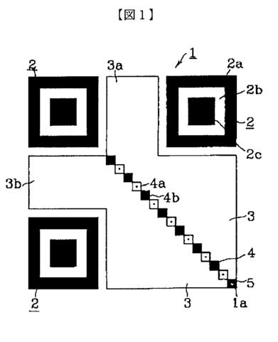 Disegno brevettuale del Codice QR che mostra il posizionamento dei quadrati bianchi e neri che lo codice